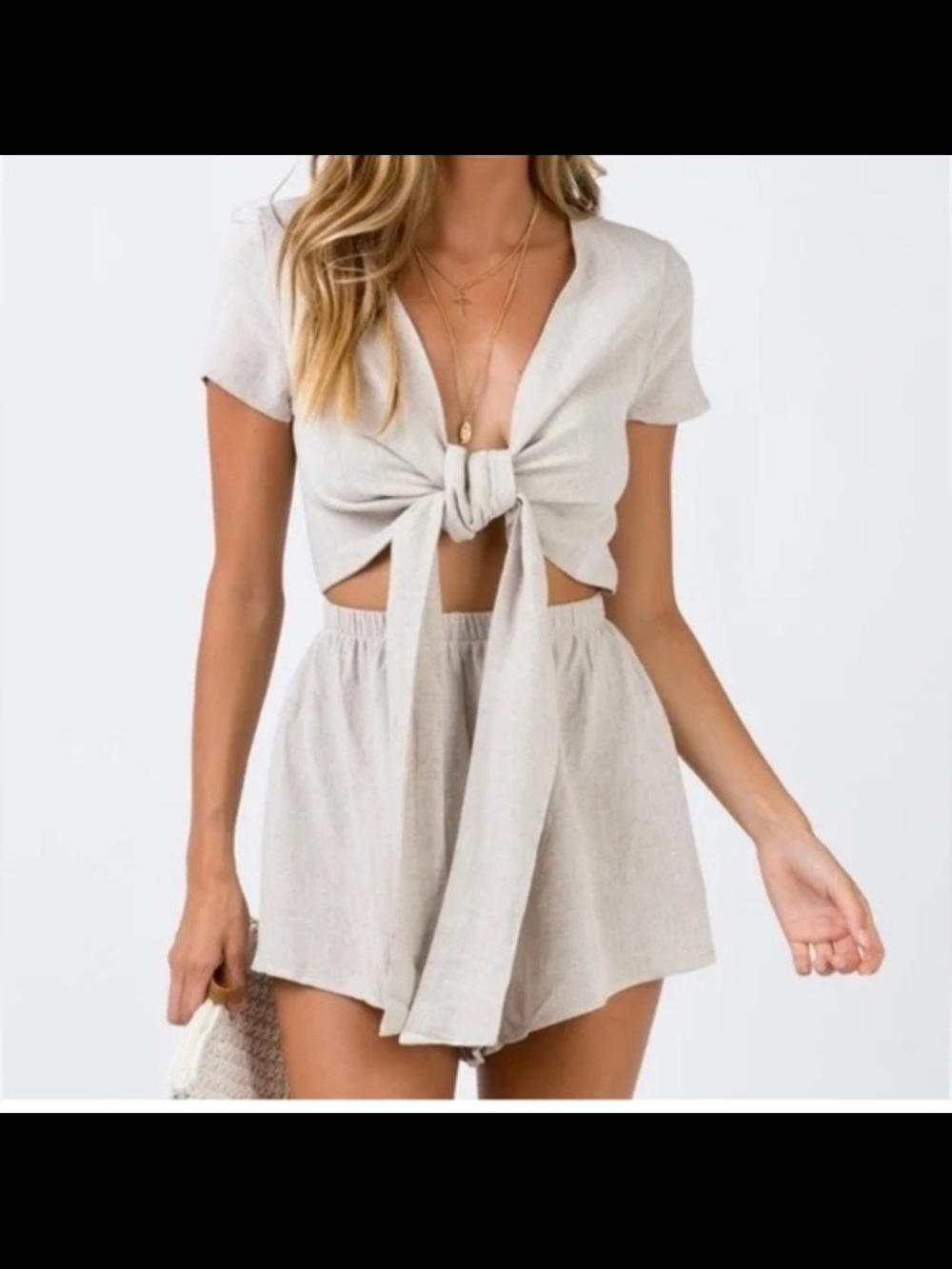 Princess Polly Beige Tie-Front Linen Romper